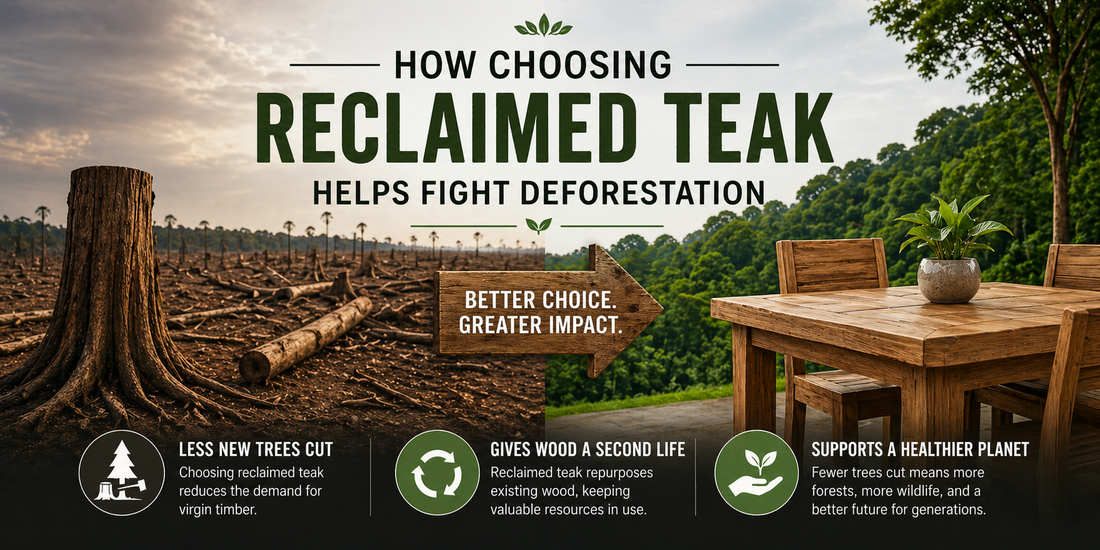 Reclaimed teak wood furniture illustrating how reclaimed wood helps fight deforestation by reducing tree cutting and promoting sustainable interior design.