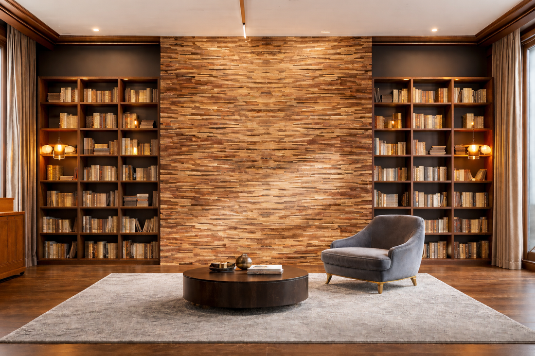 3D teak wood wall panels with textured wooden wall paneling designs creating a modern feature wall, showcasing real teak wood and best wood wall paneling for stylish interior design
