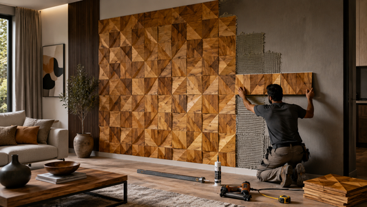 Modern living room featuring small geometric reclaimed teak wood wall panels being installed on an accent wall.
