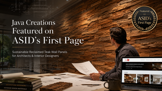  Java Creations reclaimed teak wood wall panel feature on ASID's First Page, showcasing a luxury interior design space with an architect reviewing plans.