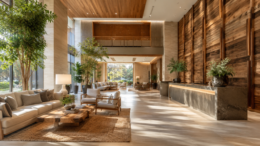 Luxury hotel lobby featuring floor-to-ceiling reclaimed teak wood wall panels, 