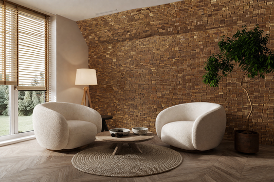 Modern living room with 3D wood wall paneling accent wall, featuring textured wooden panels, cream lounge chairs, round coffee table, woven rug, floor lamp, indoor plant, and large window with natural light.