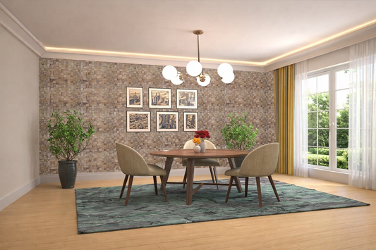 Dining hall with teak wood wall panels, showcasing modern interior design trends that combine natural warmth, moisture resistance, and acoustic benefits for contemporary homes