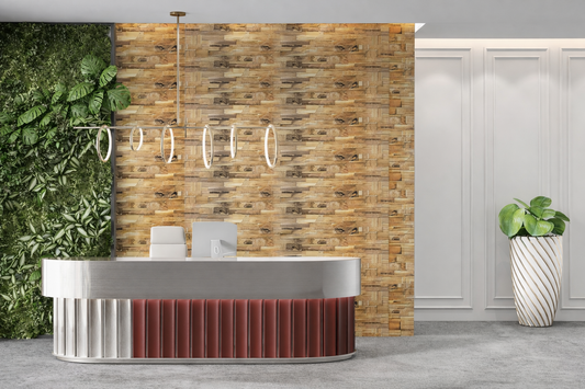 Office reception with reclaimed teak wall paneling, showcasing sustainable coworking space design that blends natural warmth, durability, and modern aesthetics.