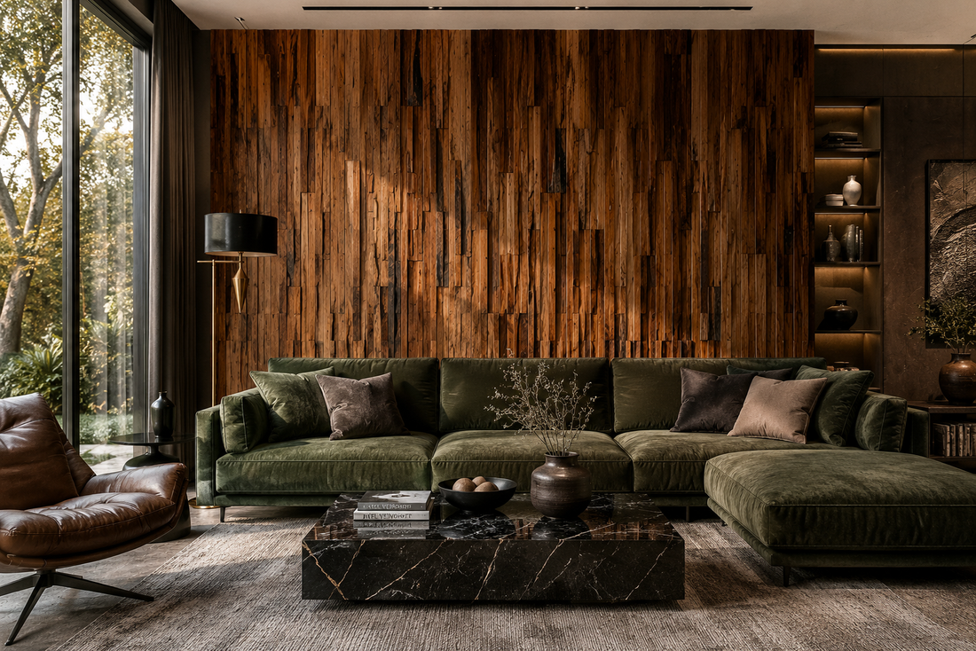 Reclaimed wood plank feature wall in a luxury living room with modern furnishings