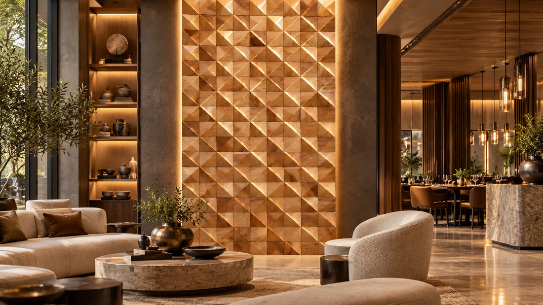 Luxury commercial interior featuring reclaimed teak pyramid wall panels, warm ambient lighting, modern lounge furniture, marble finishes, and elegant restaurant-style seating.