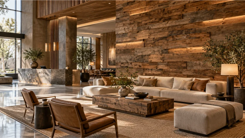 Modern commercial interior featuring a reclaimed teak wood feature wall with warm integrated lighting, contemporary furniture, stone accents, and natural greenery.
