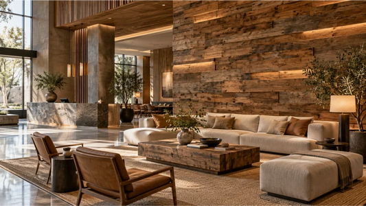 Modern commercial interior featuring a reclaimed teak wood feature wall with warm integrated lighting, contemporary furniture, stone accents, and natural greenery.