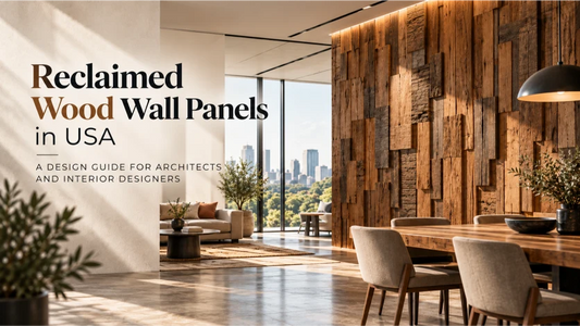 Blog banner showing a modern luxury interior with a textured reclaimed wood wall, dining area, city-view windows, and the headline “Reclaimed Wood Wall Panels in USA: A Design Guide for Architects and Interior Designers.