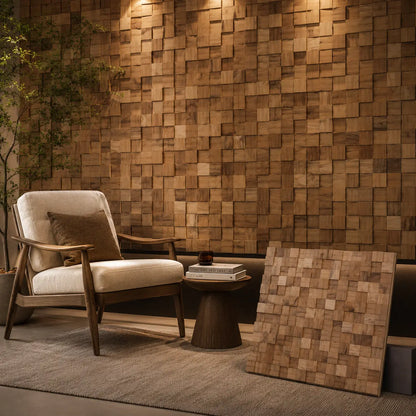 Modern dining room interior featuring textured 3D reclaimed teak wood wall panels in a geometric mosaic design, complemented by wooden furniture, natural tones, and minimalist decor