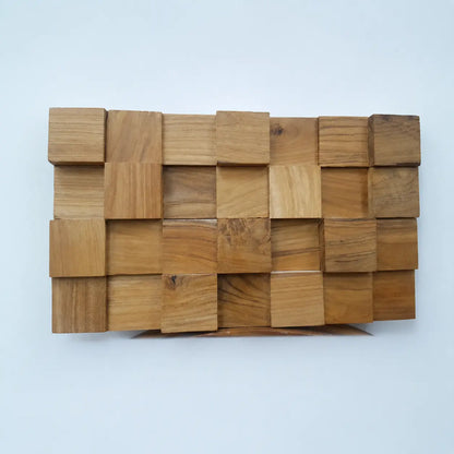 Handcrafted reclaimed teak wood wall panel featuring a 3D geometric block design with natural wood grain, warm brown tones, and textured wooden squares for interior wall decor