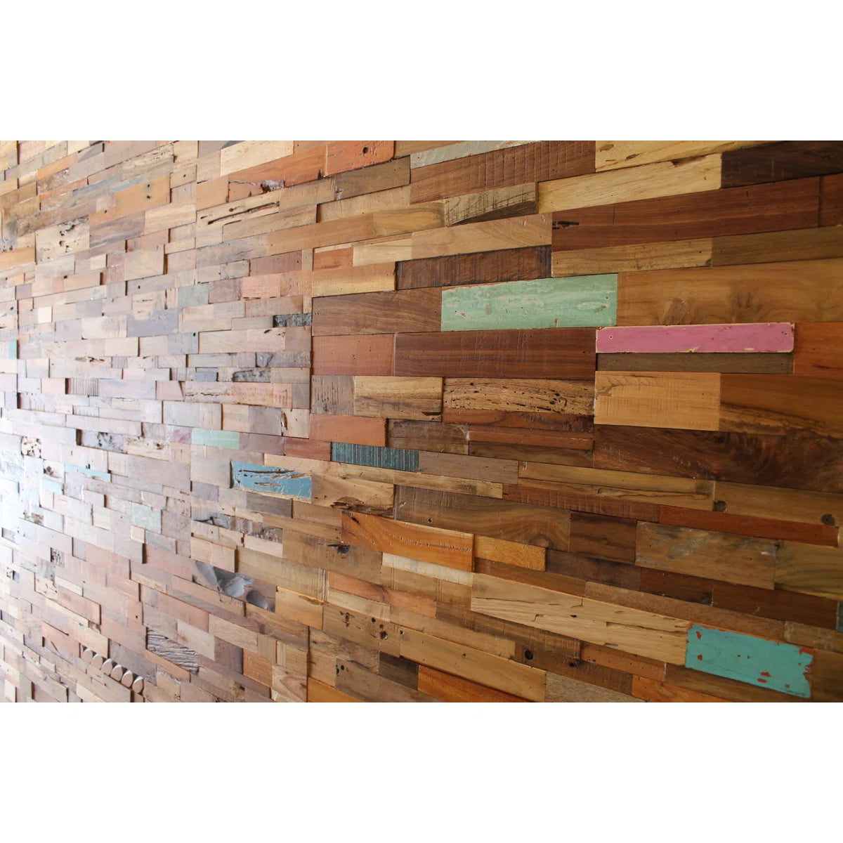 Wall made of wooden panels in various colors