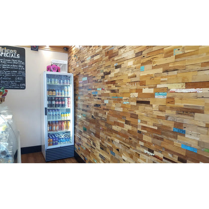 Fridge stocked with drinks against a wooden wall in a casual setting