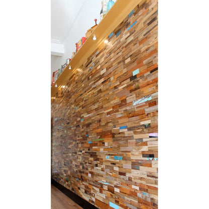 Wooden panel wall with a decorative pattern in an indoor setting