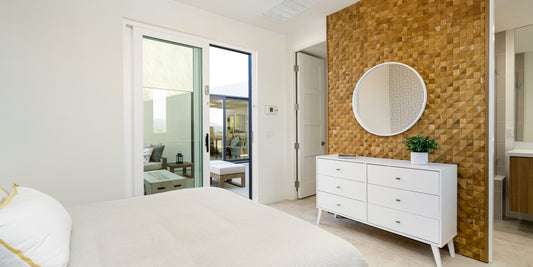 Teak Pyramid wall panels in modern bedroom interior